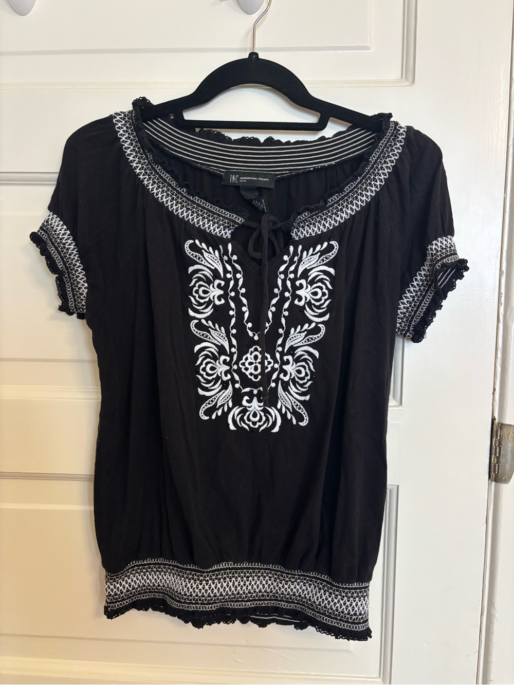INC International Concepts Black Short Sleeve Embroidered Peasant Blouse